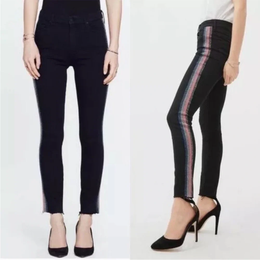 Mother High Waisted Looker Ankle Fray Black Guilty Glitter Racer Stripe Jeans 26